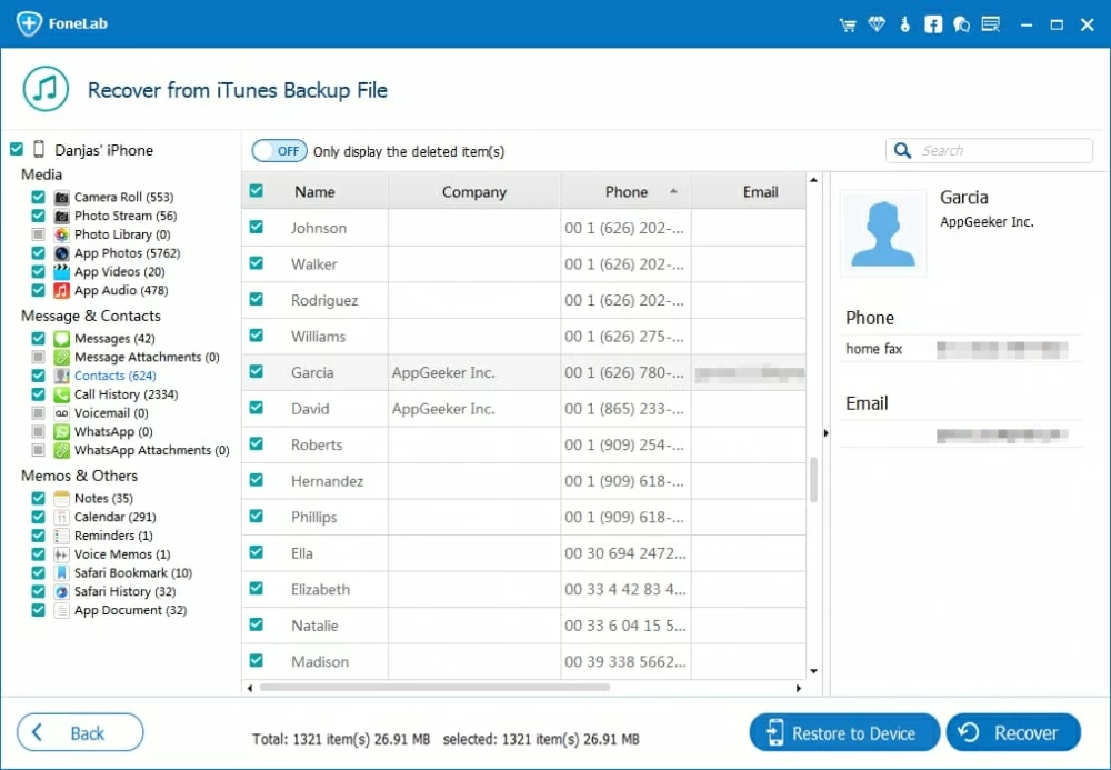 how to selectively restore lost contacts on iPhone from iTunes