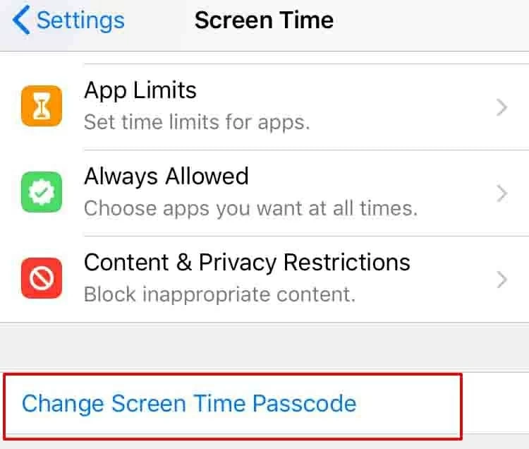 Tap Change Screen Time Passcode
