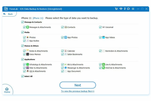 Select what types of data to back up