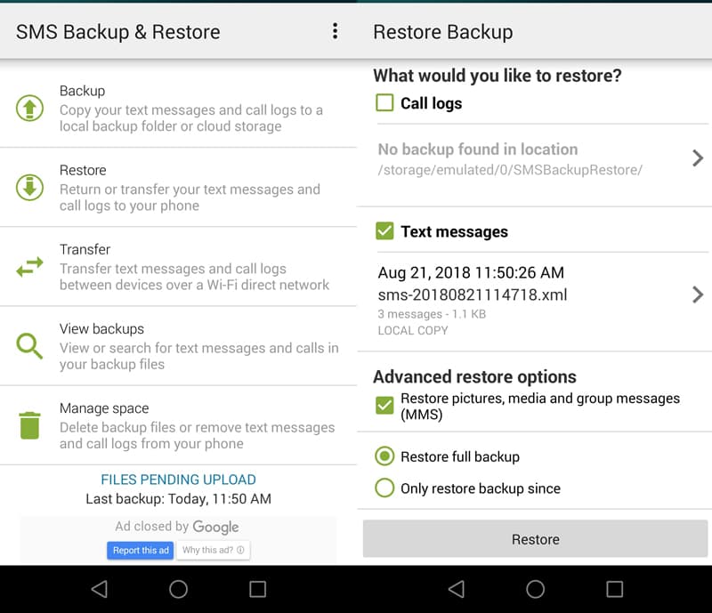restore messages from backup