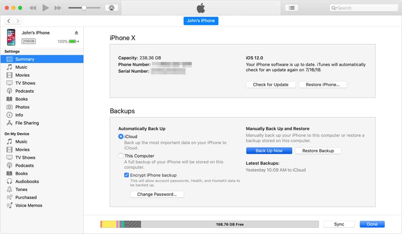 restore iPhone 6s text messages from iTunes backup